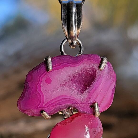 Pink Agate Geode Pendant Sterling Silver, Handmade Boho Crystal Necklace - Picture 2 of 10